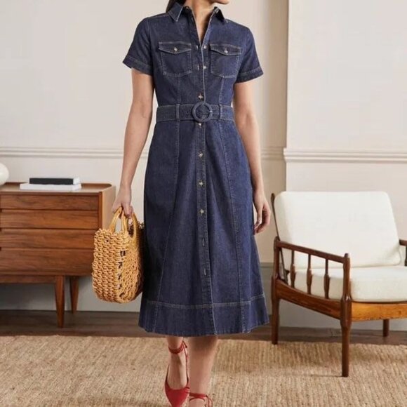 Boden Blue Stretch Denim Short Sleeve Button Front Belted Midi Dress Size 14 - Picture 1 of 15